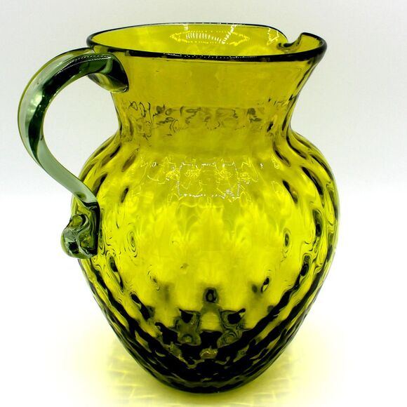 Vintage 1960s Mid-Century Modern Green Diamond Optic Glass Pitcher Decanter Vase - Picture 1 of 9